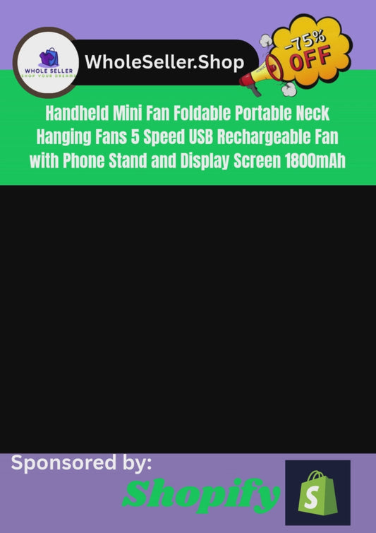 Handheld Mini Fan Foldable Portable Neck Hanging Fans 5 Speed USB Rechargeable Fan with Phone Stand and Display Screen 1800mAh