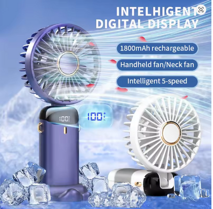 Handheld Mini Fan Foldable Portable Neck Hanging Fans 5 Speed USB Rechargeable Fan with Phone Stand and Display Screen 1800mAh